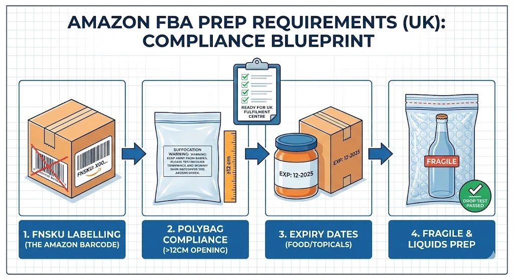 Amazon FBA Prep Compliance Checklist UK: FNSKU labeling, polybag warnings, expiry dates, and drop test requirements.