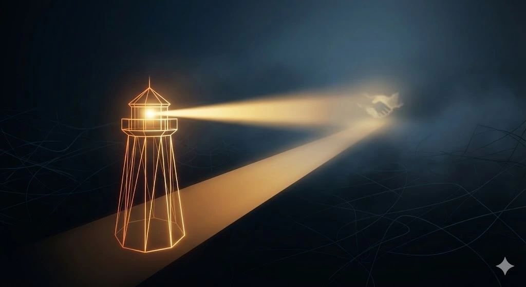 Abstract illustration of a bright beacon guiding the way through the darkness to a secure handshake, symbolizing choosing a trusted partner for the Amazon FBA fulfillment center in the UK.