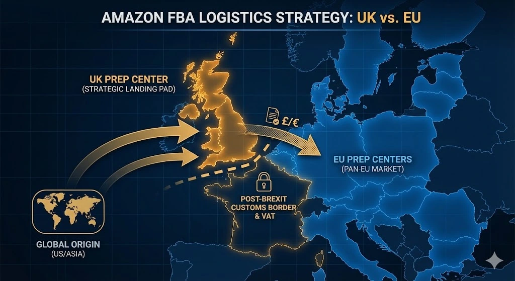 Infographic map illustrating post-Brexit Amazon FBA logistics strategy, showing the UK as a primary prep center landing pad versus EU prep centers, separated by a customs and VAT border.