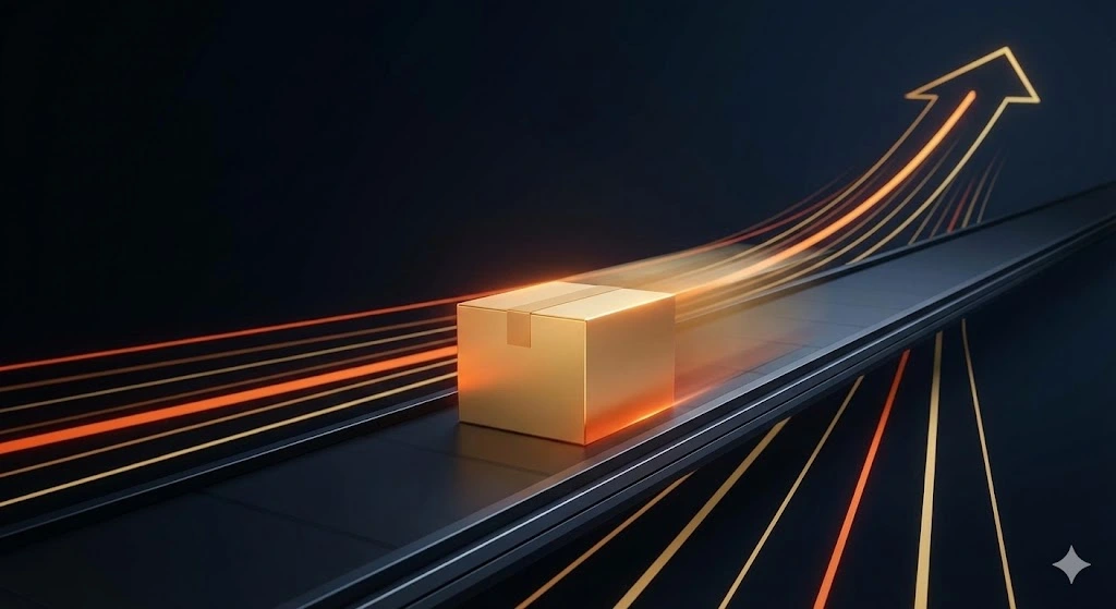Minimalist illustration of a gold shipping box moving quickly on a conveyor belt, symbolizing speed, efficiency, and business scaling for Amazon FBA.